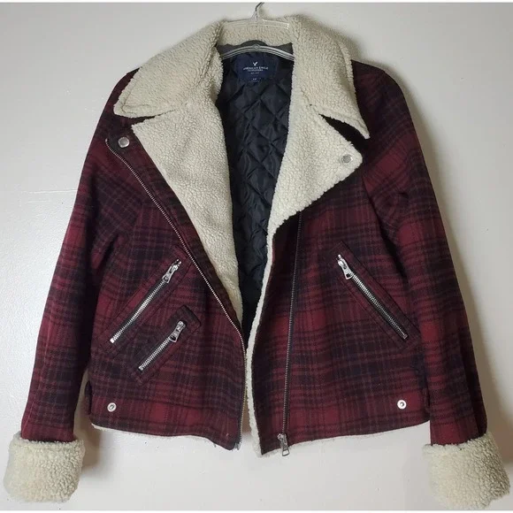 American Eagle Red Black Plaid Bomber Moto Jacket Faux Fur Small Sherpa Wool - Picture 3 of 10